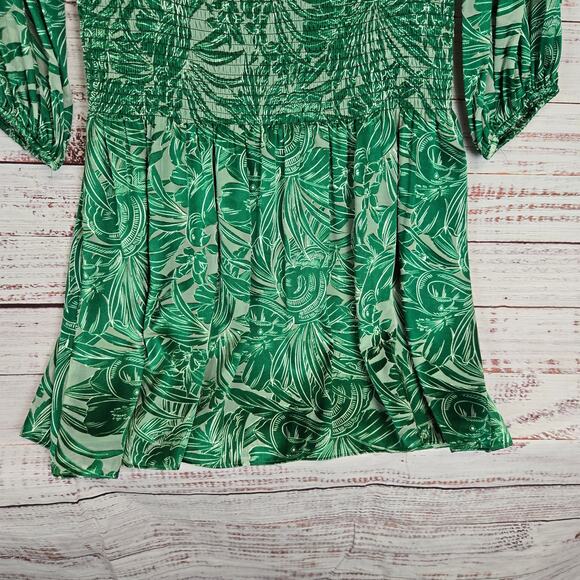 WHBM Silky Dress M Green Forest Fairy Floral Whimsy Pleated Ruched Lace up Neck - Picture 5 of 16